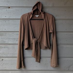 Earthbound Espresso Brown Ribbed Stretch Crop Tie Front Top Bell Sleeves Large